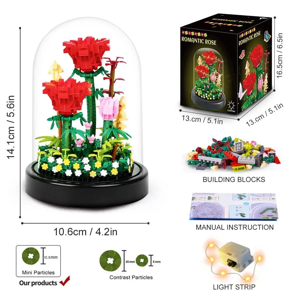 LED Flower Bouquet Building Kit - Red Roses Botanical Blocks for Valentines Gift - silverfoxgoods